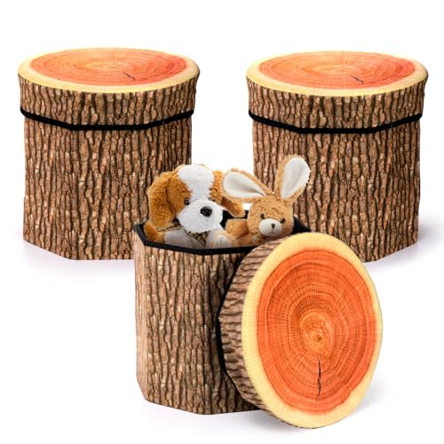 Lawei 3 Pack Tree Stump Storage Stools, 12 x 12 Inches Folding Stool Ottoman with Foam Cushion, Collapsible Storages Seat Chest, Vintage Storage Toy Box Wood Stump Organizer Stools for Toy