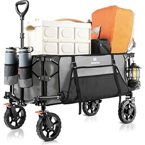Collapsible Folding Wagon, Heavy Duty Utility Beach Wagon Cart with Side Pocket and Brakes, Large Capacity Foldable Grocery Wagon for Garden Sports Outdoor Use, S1