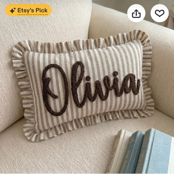 Personalized Striped Ruffled Punch Needle Throw Pillow: Embroidered Name Baby Gift for Nursery