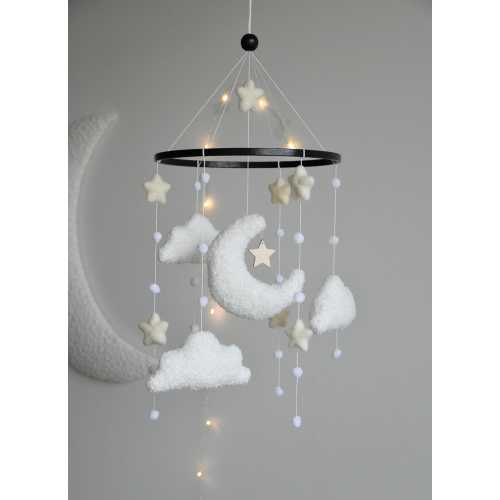 Personalized boucle clouds and moon baby nursery mobile, Neutral baby mobile, Neutral nursery mobile, Clouds mobile, Felted stars mobile