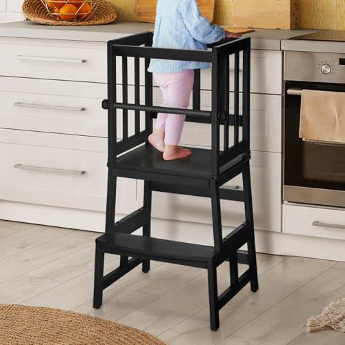 COSYLAND Kids Kitchen Step Stool Helper Baby and Toddler Multi-Function Step up Nursery Helper Stand with Safety Rail in Natural Bamboo, Strong and Lightweight (Black)