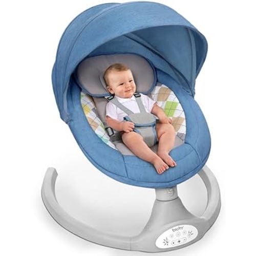 Bioby Baby Swing for Infants with 5 Natural Sway Speeds, Portable Bt Music Baby Bouncer with Remote Control & 5-Point Harness, Lightweight Baby Rocker for 5-20 Lb,0-12 Months Blue