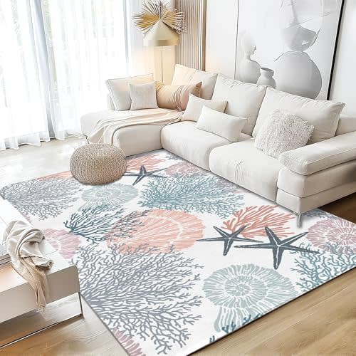 Corals Coastal Rug for Living Room 5x7 Area Rug Washable Non-Slip Rugs for Bedroom Cute Soft Kids Nursery Rug, Nautical Beach Themed Capet for Entryway Office Dining Room