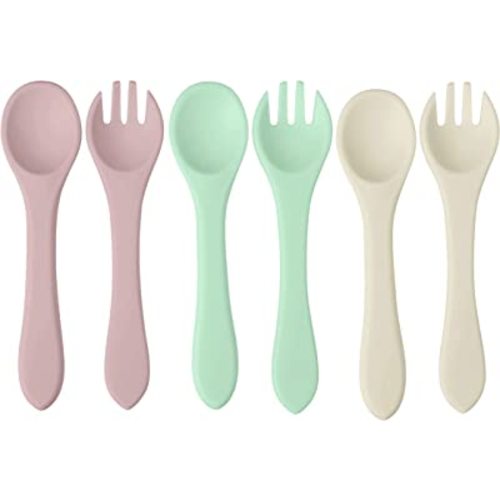 PandaEar Silicone Baby Spoon and Fork Set| 6 Pack First Stage Baby Self Feeding Spoons 6+ Months| Toddler Baby Utensils 6-12 Months| Infant Baby LED Weaning Spoons Feeding Supplies