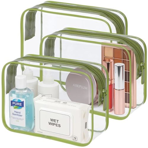 TSA Approved Toiletry Bag - Clear Makeup Bag 3 Pack Medium, Quart Size Bag for 3-1-1 Liquids with Metal Smooth Zipper, Travel Makeup Bag for Women, Airport Airline Compliant Bag, Sage Green