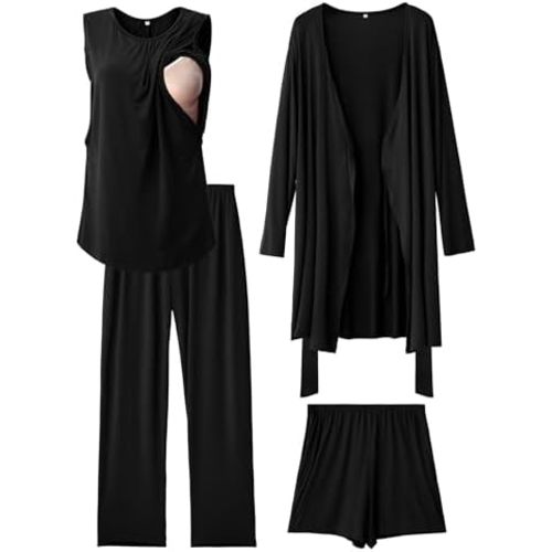 Rnxrbb 4 PCS Hospital&Home Nursing Pajamas Robe Set for Postpartum Pajama Maternity Breastfeeding Pj Birth Lounge Clothes