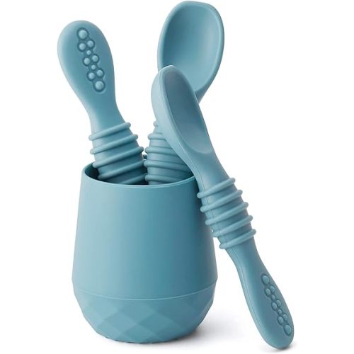 SAMiGO Silicone Baby Utensils - Self Feeding Spoons and Tiny Training Cup - First Stage Baby Led Weaning Supplies for 6 Months+ Infants - Set of 4