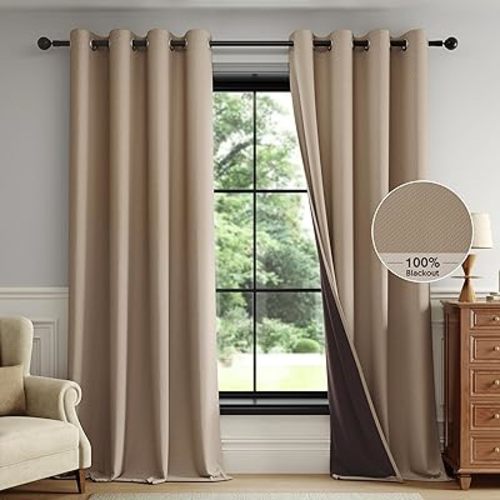 FMFUNCTEX 100% Brown Blackout Curtains for Bedroom, Solid Weave Textured Geometric Weave Curtains 84 Inches Long Thermal Insulated Curtains Living Room, Black Out Drapery Grommet 2 Panels