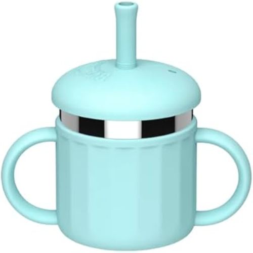 Stainless Steel Toddler Cup with Silicone Sleeve – 100% Leak-Proof Sippy Cup with Handles & Straw – Non-Toxic, Easy to Clean, Dishwasher Safe Baby Cup for Ages 6M+ (Blue)