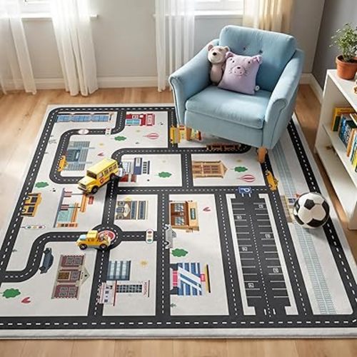 5x7ft Kids City Road Car Play Rug - Non-Slip Faux Wool Carpet with Interactive City Map Design, Educational Toy Vehicle Mat for Kids, Bedroom Playroom Nursery Gift.