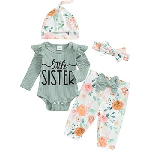 Newborn Baby Girl Clothes Outfits New To The Crew Bodysuit Romper Floral Pants Headband Hat Coming Home Outfit