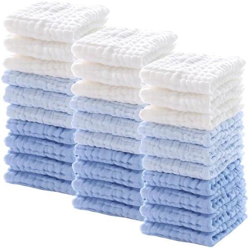 Chumia 30 Pcs Baby Muslin Washcloths Muslin Burp Cloths Baby Towel Natural Cotton Burp Cloths Wipes Soft Newborn Face Towel Absorbent for Face Bath Shower, 12 x 12'' (Light Blue, White, Blue)
