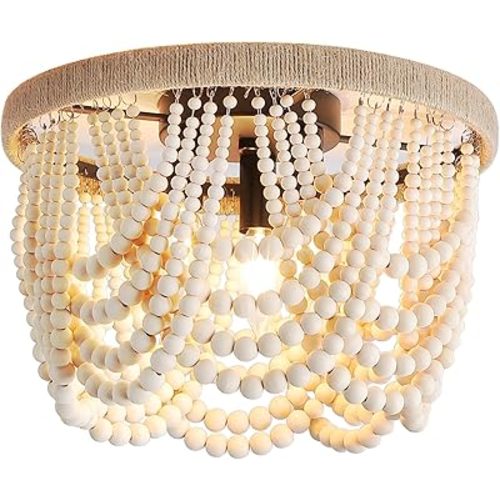 Boho Wood Beaded Chandelier, Semi Flush Mount Ceiling Light, 3-Light Oak White Finish Mini Chandelier for Bedroom, Boho Farmhouse Light for Hallway Baby's Nursery Bedroom Kitchen Living Room