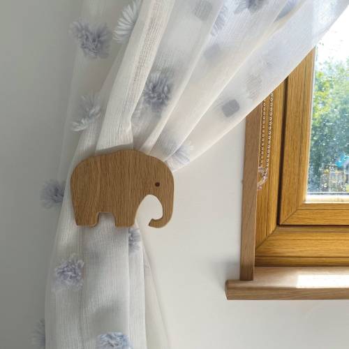 Safari curtain tie backs | kids curtain holdbacks, elephant tie back hook, giraffe tie back hook, solid oak, kids curtain clips
