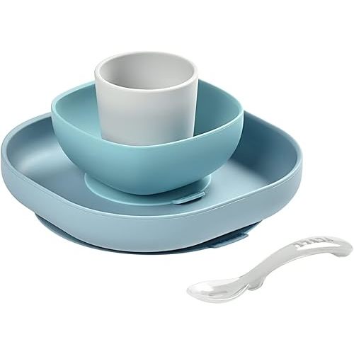 BEABA Silicone 4-Piece Meal Set - Easy to Clean - Dishwasher and Microwave Safe - Soft, Unbreakable, Non-slip Suction Bottom - Includes Plate, Bowl, Cup and 2nd Stage Silicone Spoon (Rain)