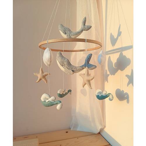 Baby mobile whales ,clouds, starfish. Nautical baby decor. Baby mobile ocean. Crib mobile. Neutral baby mobile.