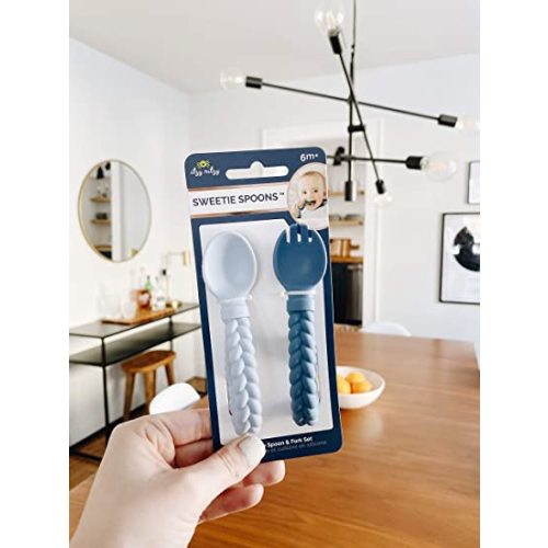 Itzy Ritzy Silicone Spoon & Fork Set; Baby Utensil Set Features A Fork and Spoon with Looped, Braided Handles; Made of 100% Food Grade Silicone & BPA-Free; Ages 6 Months and Up, Blue