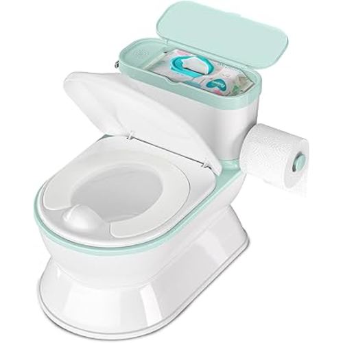 2-in-1 Toddler Potty Training Toilet - Larger Potty Chair & Detachable Training Seat for Boys & Girls Ages 1-3 with Flushing Sound, Wipes Storage, Toilet Paper Holder - Cyan