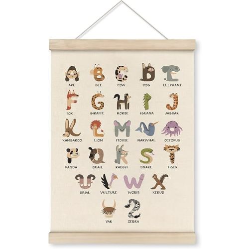 HRQKO Alphabet ABC Poster Hanger Frame, Nursery Wall Decor, Boho Animal Nursery Decor,Animal Poster Wall Art with Wooden Frames, Alphabet Banner Wall Hanging Decor for Kids Room Toddlers,12x16 Inch