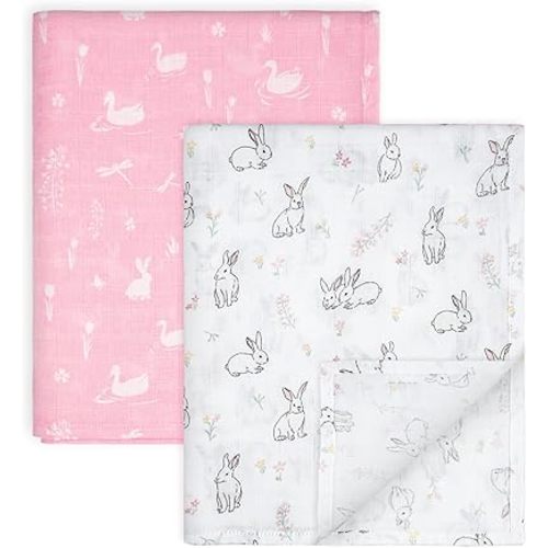 GLLQUEN BABY Muslin Swaddle Blankets Breathable Receiving Blankets (35" x 40") 2-Pack Soft Baby Blankets for Girls and Boys Newborn Essentials Muslin Burp Cloths Swaddle Wrap Gift(Looking for Spring)