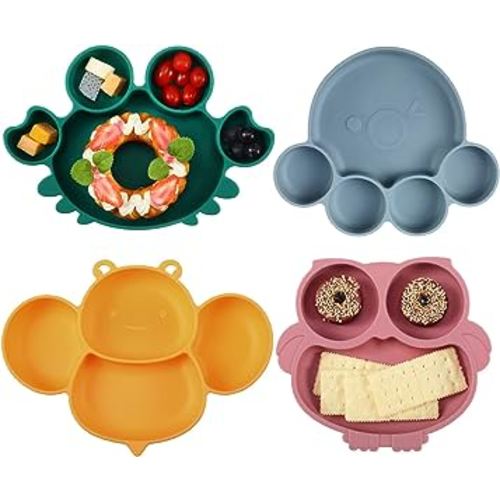 4 Pcs Silicone Baby Plates Toddler Suction Plates Divided Baby Dishes Cute Animal Kids Plates for Toddlers Baby Feeding Eating Supplies, Microwave and Dishwasher Safe (Multi Colors,Cute)