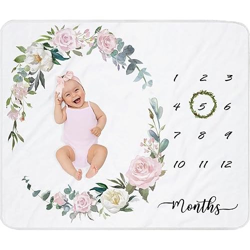 Baby Milestone Blanket Girl|Newborn Monthly Milestone Blanket|Rose Nursery Decor|Baby Girl Photo Background Prop Picture Blanket with Wreath and Headband