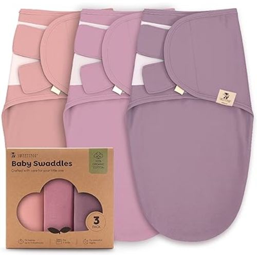 Sweety Fox 3-Pack Organic Baby Swaddle Sleep Sacks - Swaddles for Newborns, Infant 0-3 Months, Baby Girls, Boys, Soft & Snug Newborn Sleep Sack, Nursery Swaddling Blankets, Velcro Closure (Pink Blush)
