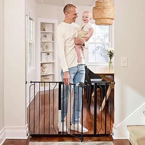 Regalo Easy Step 49-Inch Extra Wide Baby Gate, Includes 4-Inch and 12-Inch Extension Kit, 4 Pack of Pressure Mount Kit and 4 Pack of Wall Mount Kit, Black