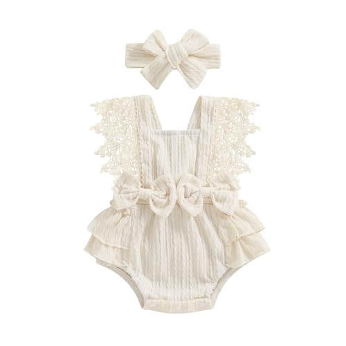 FOMOYUU Infant Baby Girl Lace Romper Boho Clothes Photography Outfits Sleeveless Bow Romper with Headband