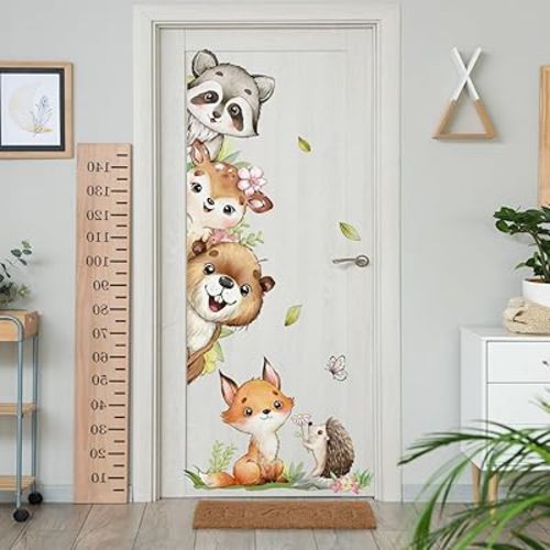 Watercolor Jungle Animal Wall Decals, Forest Animal Wall Sticker Raccoon Deer Fox Hedgehog Wall Decals for Baby Nursery Decorations,Door Offices Bedroom Room Sticker.