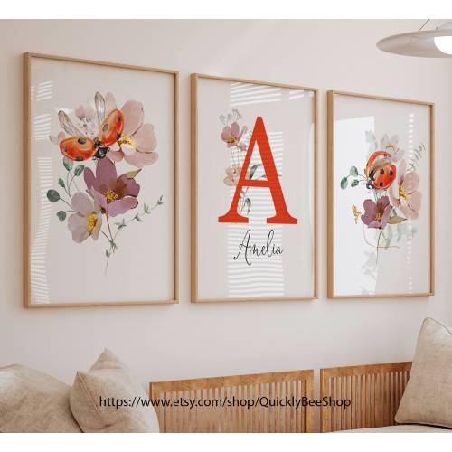 Ladybug Floral Watercolor Prints, ladybirds Floral Wall Art, Floral Ladybug Nursery Wall Art, Girl's Room Decor 1