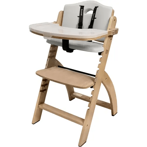Abiie Beyond Junior Convertible Wooden High Chairs for Babies & Toddlers. 3-in-1 Adjustable High Chair with Removable Tray, Easy to Clean, Portable. 6 Mos. up to 250 Lb. Natural Wood/Dove Grey Cushion