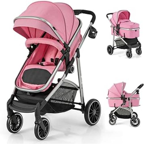 HONEY JOY 2 in 1 Convertible Baby Stroller, Folding High Landscape Infant Bassinet Stroller w/Reversible Seat, Removable Foot Cover, Adjustable Backrest & Canopy, Toddler Pushchair for Newborn (Pink)