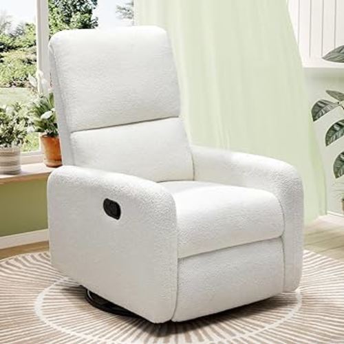 Jocisland Swivel Rocking Chair, Nursery Glider Recliner Chairs for Adults, Rocker for Living Room Bedroom, Comfy Upholstered Modern Nursing Reclining Single Sofa, White Teddy