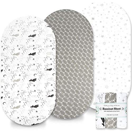 Baby Bassinet Sheets for Boy and Girl (3 Pack) - 100% Natural & Breathable Cotton Sheet Set - Universal Fitted for Oval, Hourglass & Rectangle Bassinet Mattress - Size 32 x 17 x 2 Inches (Grey)