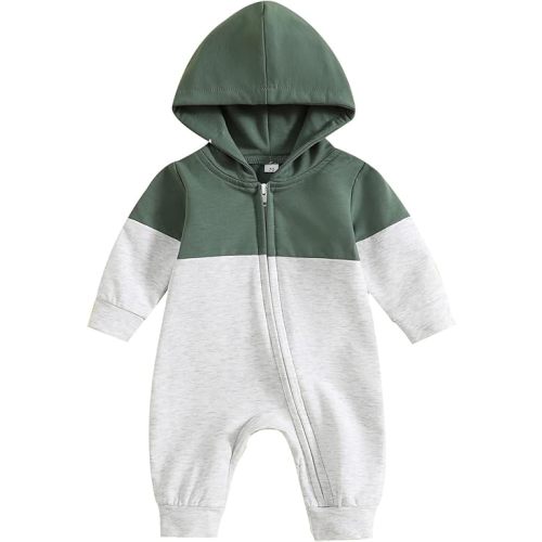 BemeyourBBs Newborn Baby Boy Clothes Color Block Long Sleeve Hooded Romper with Pocket Fall Winter One Piece Outfits