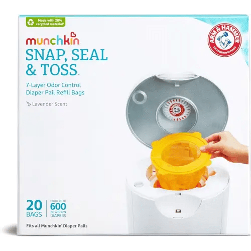Munchkin® Arm & Hammer Diaper Pail Snap, Seal & Toss™ Refill Bags, Holds up to 600 Newborn Diapers, 20 Pack