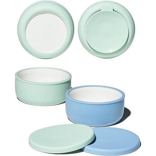 Pandaloo Porcelain Kids Bowls with Removable Silicone Sleeve & Lid – Strong Suction Base, Microwave & Dishwasher Safe, Toddler-Proof, Non-Slip Ceramic Feeding Bowls for Babies & Toddlers (Set of 2)