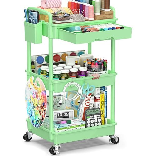 3-Tier Rolling Cart with Drawer & Lockable Wheels, Plastic Shelf Storage Organizer Cart – Easy Assembly, Waterproof Design for Kitchen, Bathroom, Office, Green