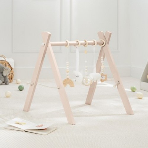 Wooden Baby Play Gym Set, Interactive Activity Center Hanging Bar with Gym Toys By Comfy Cubs, Blush