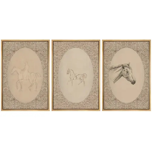 Classical " Vintage Equestrian Horse and Rider Sketch Artwork, Rustic Country Floral Wall Pictures, 3 Pieces Framed Canvas Digital Giclee Print Wall Art"