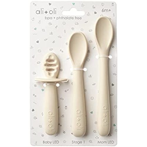 Ali+Oli 3-pc Silicone Spoon Set for Baby - Unbreakable Silicone Baby Spoon, Baby Spoons Self Feeding 6 Months & Up, Self Feeding Baby Utensils, Multi-stage Baby Feeding Spoon, Ergonomic Design, Coco