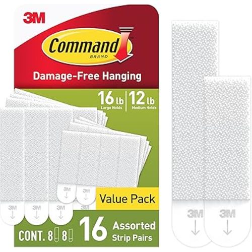 Command Medium and Large Picture Hanging Strips, Damage Free Hanging Picture Hangers, No Tools Wall Hanging Strips for Living Spaces, White, 8 Medium Pairs and 8 Large Pairs
