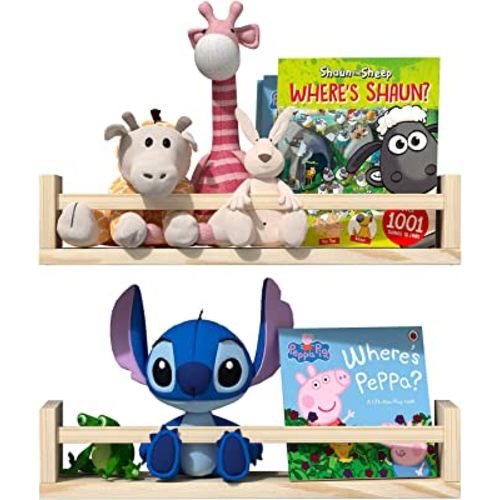Classic Nursery Shelves, Set of 2 Natural Wood Floating Book Shelves for Kids Room, Wall Shelves for Bathroom Decor, Kitchen Spice Rack, Book Shelf Organizer for Baby Nursery Décor (16.5Lx4W)