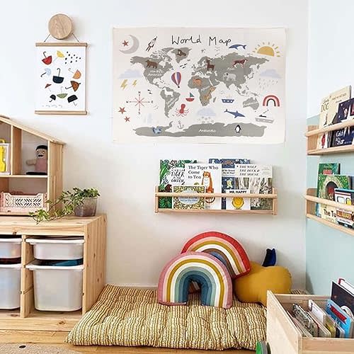 Charlbytion World Maps for Wall, Adorable Alphabet Canvas Art Poster Wall Hanging,Kids Room School Bedroom Photography Background Props Decor (31.5"x23.5", Khaki)