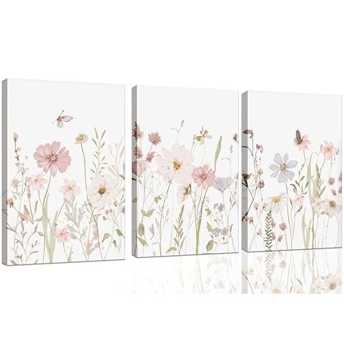 3Pcs Watercolor Wildflower Wall Art Botanical Nursery Canvas Prints Vintage Floral Pictures Flower Paintings Girls Nursery Pictures Pink Wall Decor for Living Room Bedroom Framed