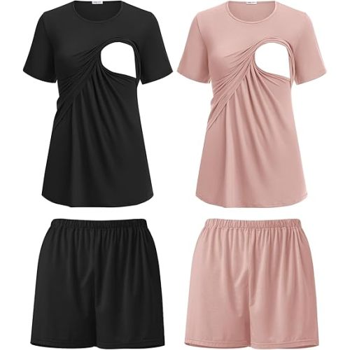 Ekouaer 2 Pack Women's Nursing Pajamas Set Double Layer Maternity Pjs Postpartum Loungewear Set Breastfeeding Tops & Shorts
