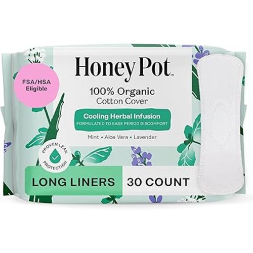 The Honey Pot Company - Herbal Long Panty Liners for Women - Infused w/Essential Oils for Cooling Effect & Organic Cotton Cover - Feminine Care - 30 ct