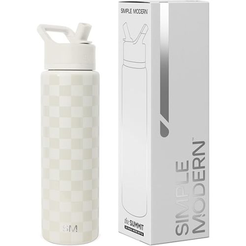 Simple Modern Water Bottle with Straw Lid | Vacuum Insulated Stainless Steel Metal Thermos | Reusable Leak Proof BPA-Free Flask for Sports Gym | Summit Collection | 30oz, Cream Checkmate