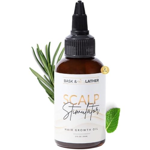 Bask & Lather Scalp Stimulator Hair Growth Oil, Cold Pressed Oils Including Mint and Rosemary Oil for Hair Growth, Grapeseed Oil, Organic Natural Leave in Hair Oil, All Hair Types, 2 Fl Oz